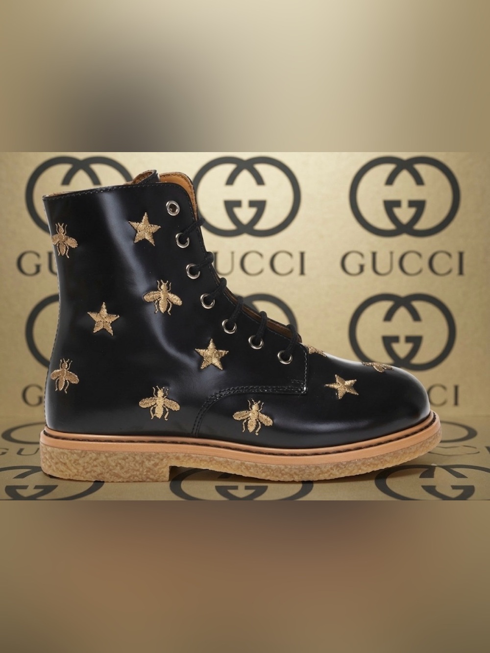 Authentic Gucci luxury designer embroidered lace up leather boots sz 12 kids